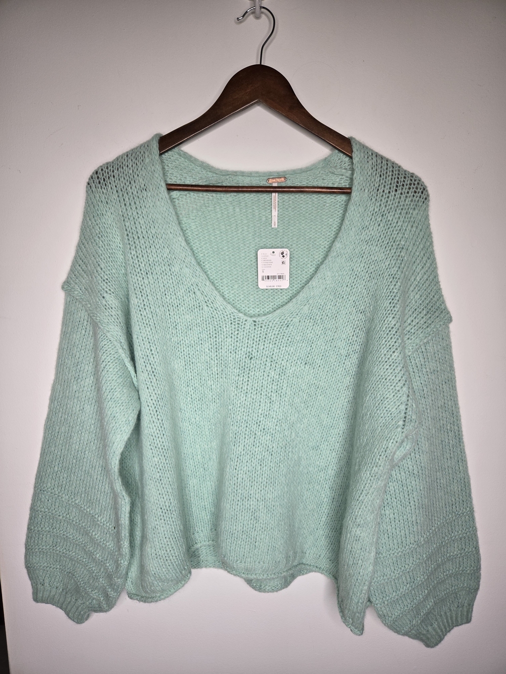Nwt Free People Bright Lights Oversized V-Neck Soft Knit Pullover Sweater Mint S